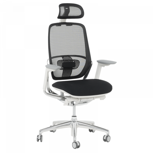 Черен ергономичен стол Vaud с бяла рамка.