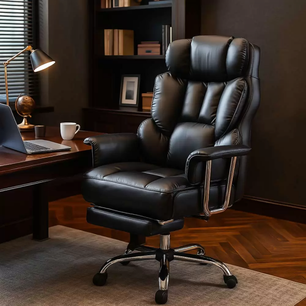 Черен директорски стол с поставка за крака.