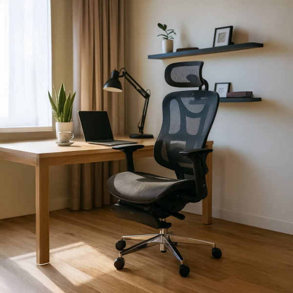 Черен ергономичен стол.