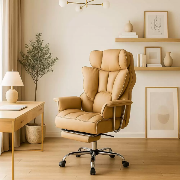 Бежов директорски стол с поставка за крака.