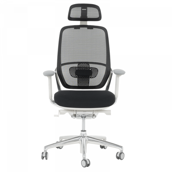 Черен ергономичен стол Vaud с бяла рамка.