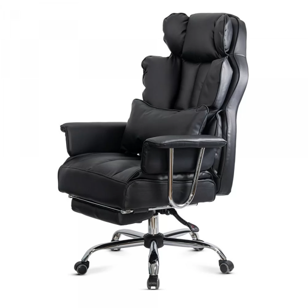 Черен директорски стол с поставка за крака.